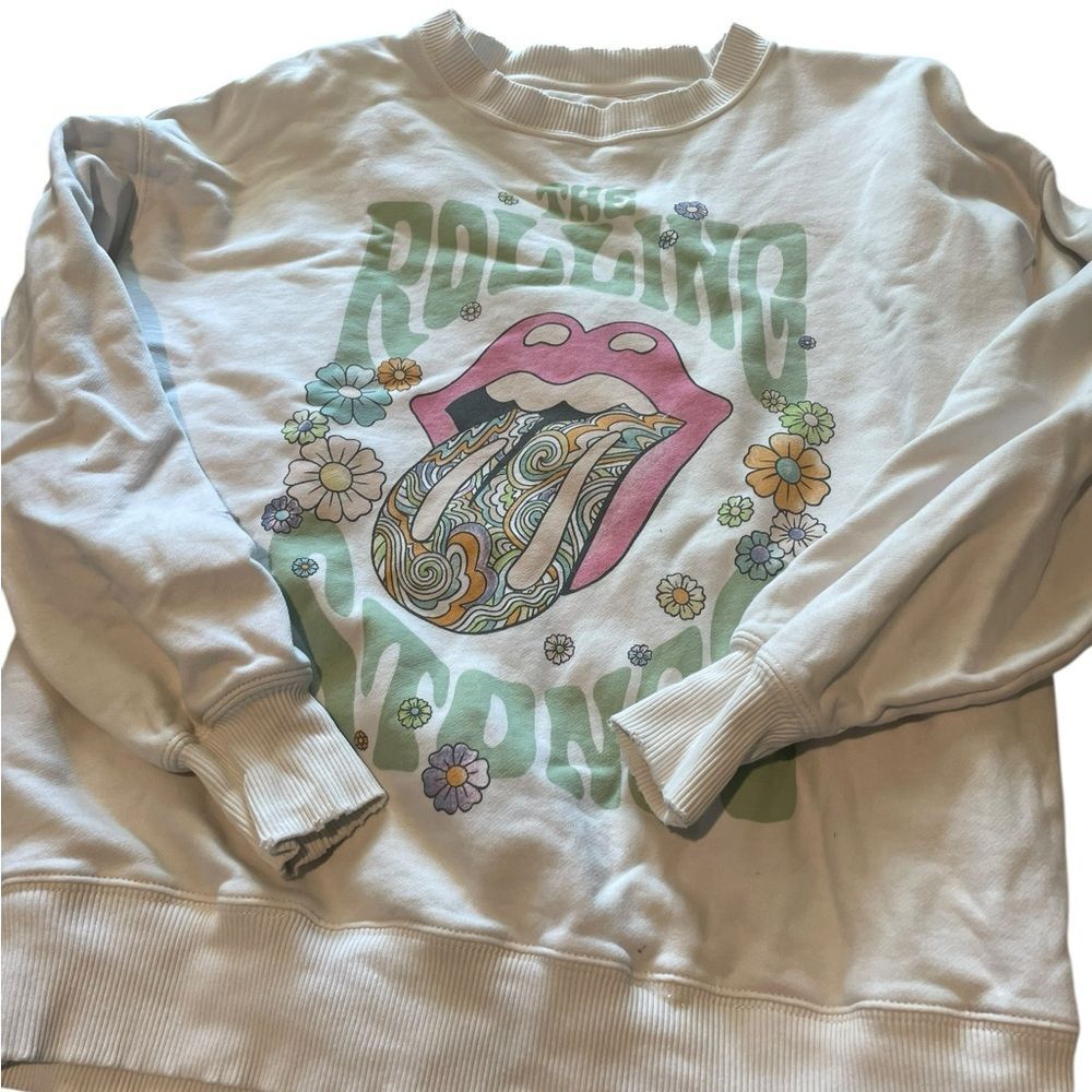 American Eagle Rolling Stoned  Sweatshirt in Cream with Pink & Green MED